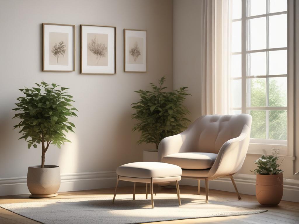 A serene scene of a calm and inviting space, featuring a single comfortable chair facing a soft-lit window that lets in gentle sunlight. The background includes soft, muted colors with elements like a potted plant and calming art on the walls, creating a peaceful atmosphere that reflects warmth and support.