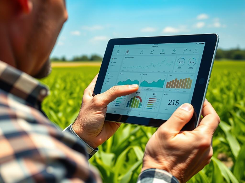 A hyper-realistic close-up shot of a farmer using a digital tablet in a lush green field, showcasing the SmartAgriTech interface with graphs and data analytics visible on the screen. The background features vibrant crops under a clear blue sky, highlighting the integration of technology in agriculture. The focus should be on the farmer's hand interacting with the tablet, emphasizing innovation in farming.