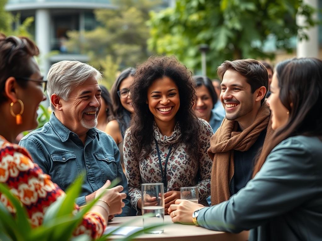 A realistic high-resolution photo of a diverse group of alumni engaging in a lively discussion at a community event. The background features a vibrant university campus setting with greenery and modern architecture. The alumni are smiling and interacting enthusiastically, showcasing a sense of camaraderie and collaboration. The image should be in focus, capturing the warmth of the community, shot with a 45mm f/1.2 lens style.
