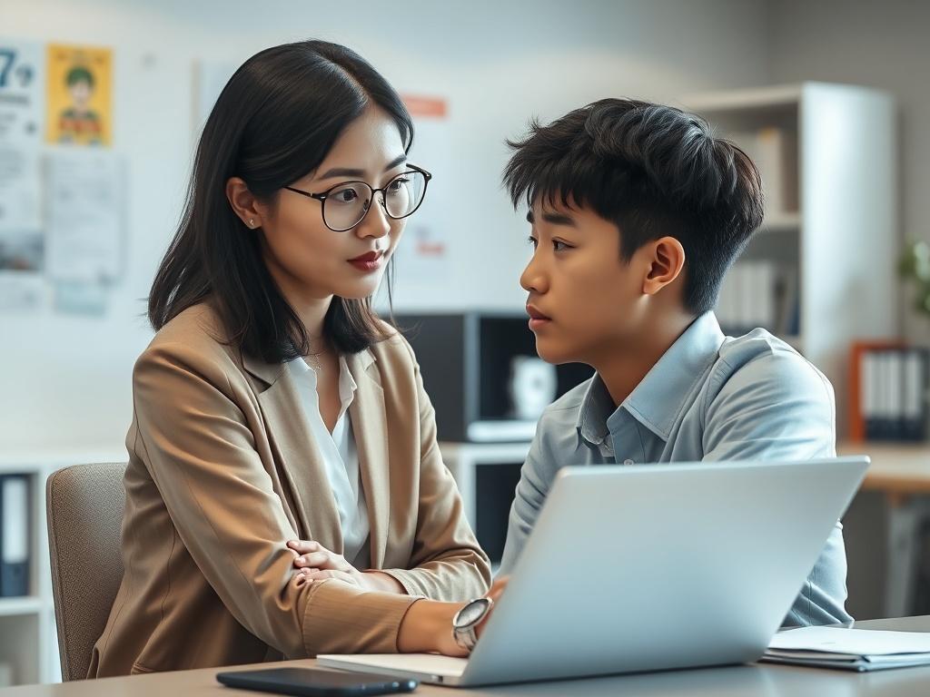 A 40s Korean female consultant engaged in a serious discussion with a middle school male student regarding his educational diagnosis. The setting is a well-lit, modern office environment with educational materials visible in the background. The consultant is sitting at a desk, looking thoughtfully at the student as she shares insights based on the diagnosis. The focus is on their faces, capturing the intensity of the conversation. The image should have a hyper-realistic quality, emphasizing the expressions 