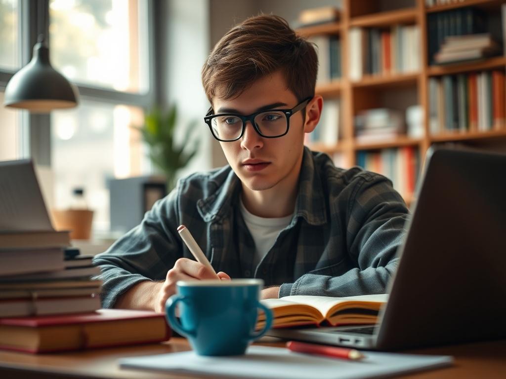 A close-up portrait of a focused student working on their thesis at a desk, surrounded by books and a laptop. The background should be softly blurred to emphasize the student. The student is wearing glasses and appears deep in thought, with notes and a coffee cup beside them. The setting is warm and inviting, with natural light filtering in, evoking a sense of academic dedication. The color scheme should align with rgb(162, 175, 127).