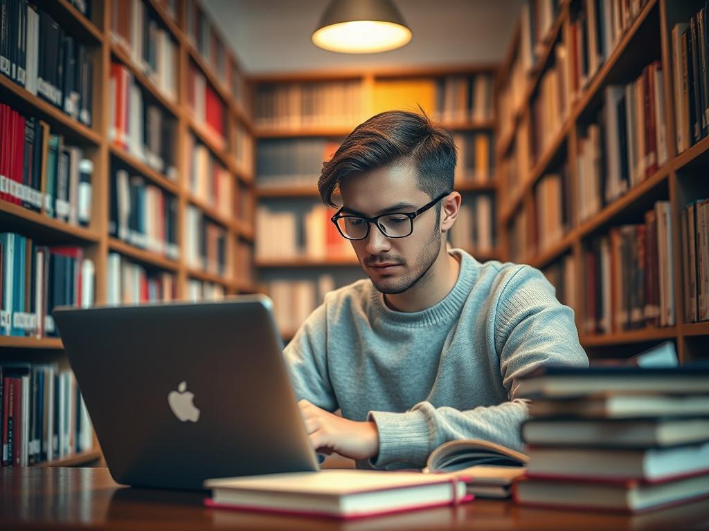 A highly detailed photo of a student studying in a cozy library setting at Sheffield University. The student is deeply focused on a laptop and surrounded by books and notebooks. The background should feature shelves filled with academic books, with soft warm lighting creating an inviting atmosphere. The composition should be simple and clear, highlighting the student as the main subject. The color tone should harmonize with rgb(162, 175, 127) to maintain brand consistency.