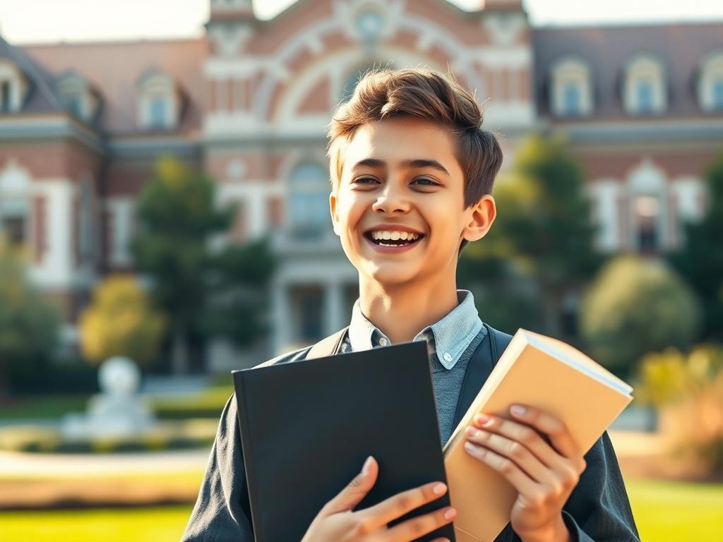 A close-up shot of a young student smiling with excitement, holding a diploma in one hand and a book in the other. The background is a blurred image of a prestigious university campus, showcasing the essence of academic success. The lighting is bright and warm, emphasizing the joy and achievement of the student. The image should be rendered in hyper-realistic style with a focus on the student's expression, captured using a 45mm f/1.2 lens.