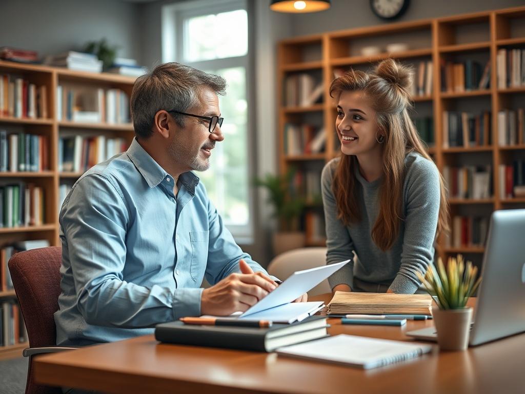 A realistic high-resolution photo featuring a consultant engaging in a conversation with a student in an educational setting. The consultant is sitting at a desk, attentively listening and taking notes, while the student is speaking with enthusiasm. The background should be an inviting study room with bookshelves filled with books, a window allowing natural light to stream in, and a comfortable atmosphere. The focus should be on the interaction between the consultant and the student, showcasing a supportive