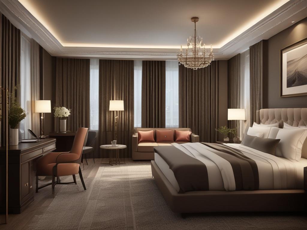 A stylish escort arriving at a luxurious hotel room, elegantly