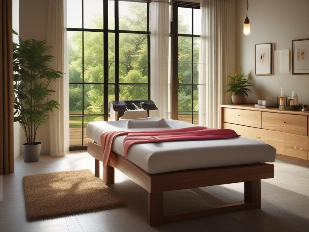 A serene spa environment featuring a massage table with soft