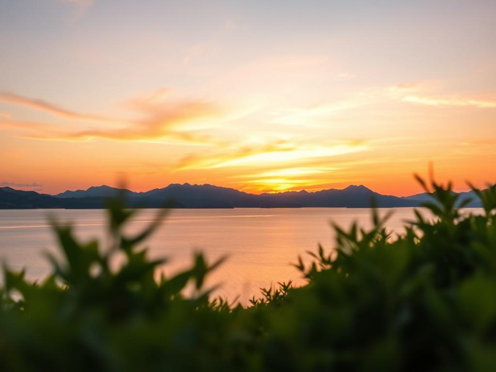 A breathtaking view of a serene lake at sunset, with