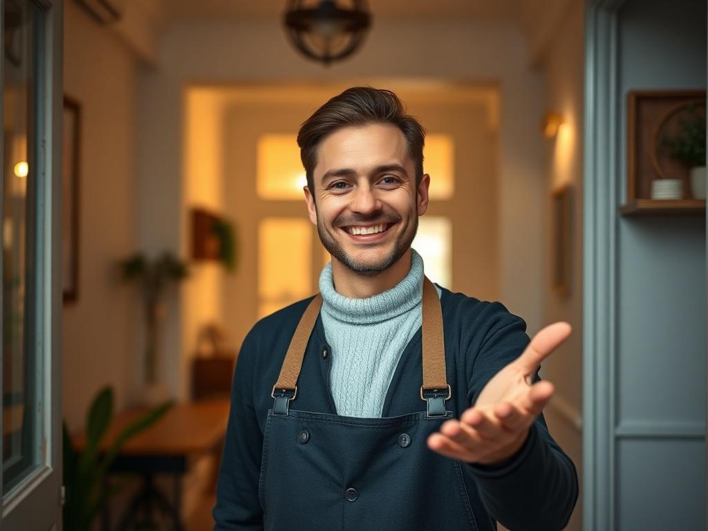 A focused shot of a friendly host welcoming guests into