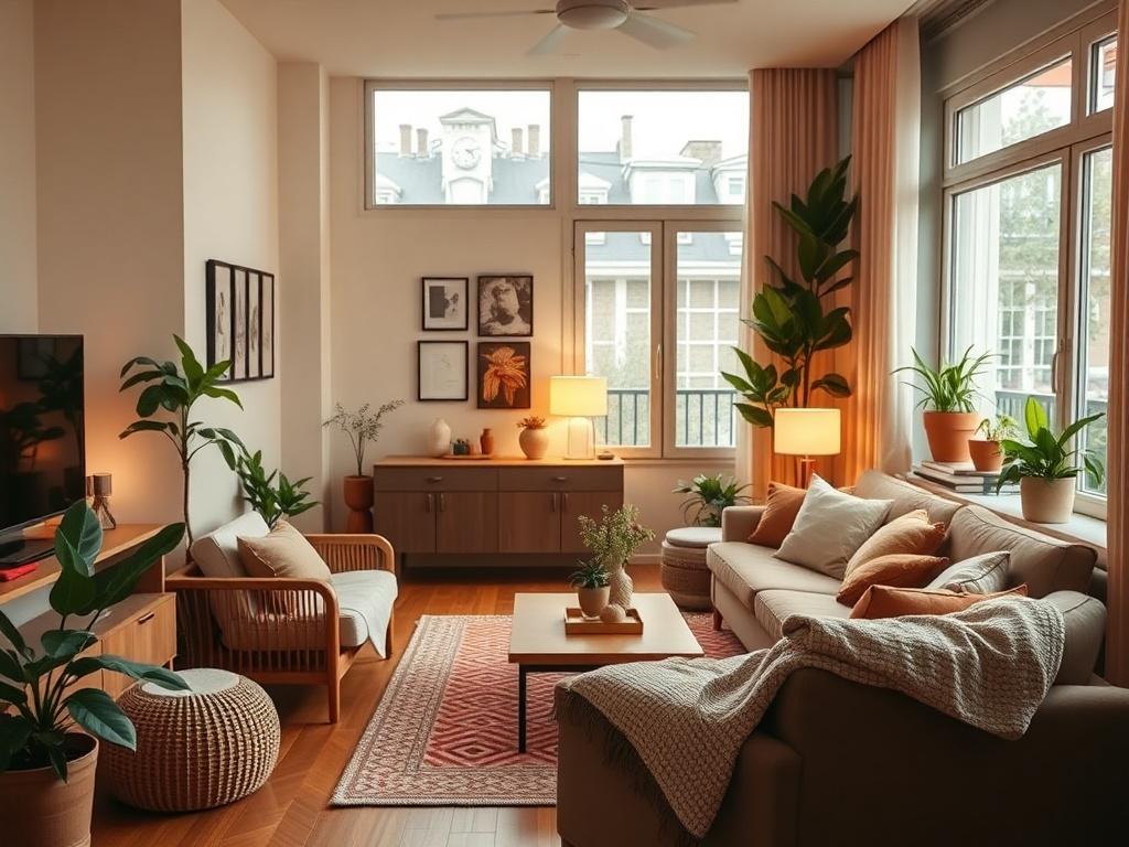 A cozy, beautifully decorated Airbnb apartment interior, featuring a warm
