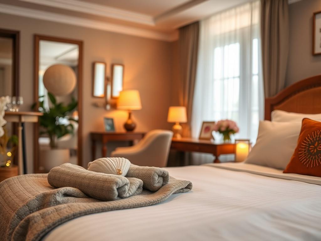 A close up shot of a beautifully arranged guest room