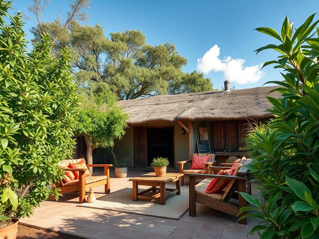 Create a realistic high-resolution photo showcasing a stunning Airbnb accommodation in Zimbabwe. The main subject should be a beautifully styled outdoor patio of a unique lodge, featuring rustic wooden furniture and vibrant local textiles. Surround the patio with lush, green foliage that highlights the natural beauty of Zimbabwe’s landscape. In the background, incorporate a clear blue sky with a few soft, white clouds, giving a sense of tranquility and openness. The composition should be simple and clear, w