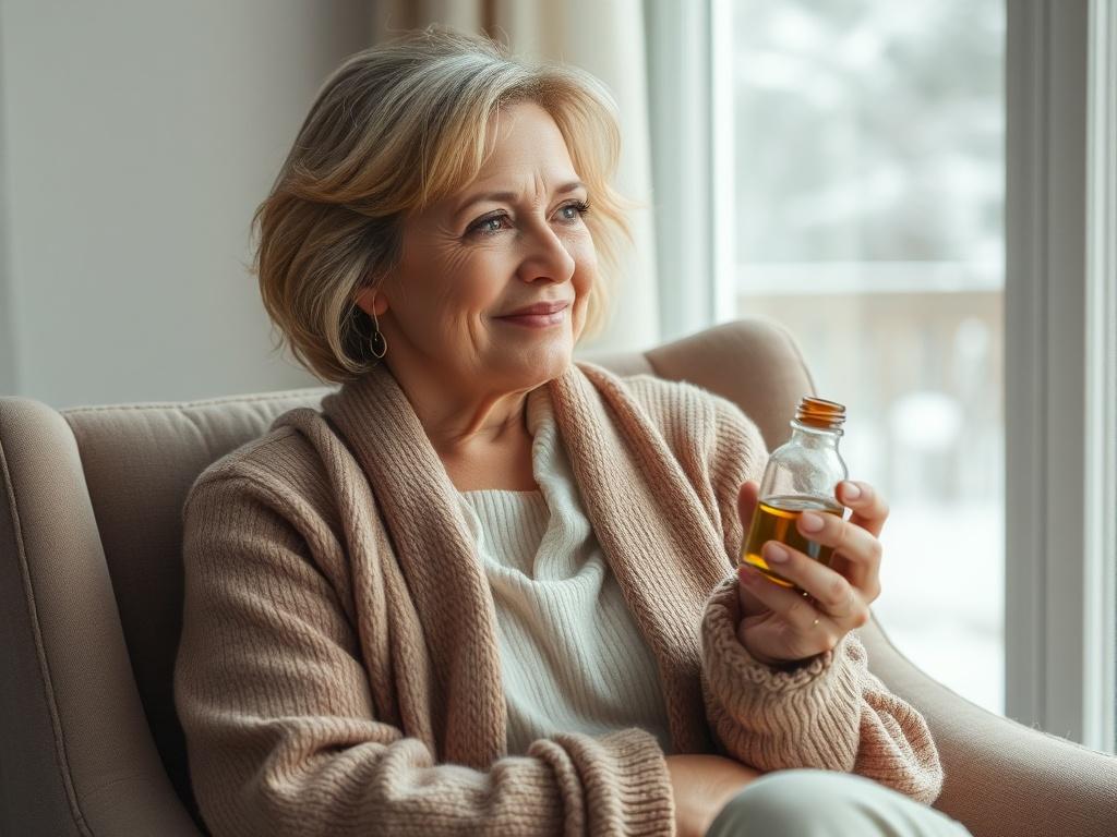 **AI Image Generation Prompt:**

Create a realistic, high-resolution photo capturing the essence of a woman experiencing a moment of self-reflection and empowerment during menopause. The scene is set in a softly lit, serene indoor space, suggesting warmth and comfort. The subject is a middle-aged woman, embodying strength and tranquility, seated gracefully in a cozy armchair. She is bundled in layers, wearing a warm cardigan over soft, neutral-toned clothing to reflect the chilly winter outside.

Her expres