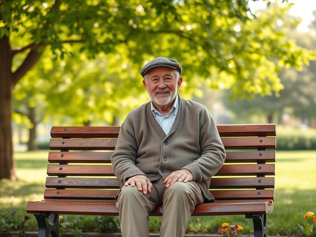 Create a realistic high-resolution photo of an elderly gentleman sitting on a park bench. The composition should be simple and clear, focusing solely on the gentleman as the main subject. 

Position the elderly man in the center of the image, showcasing him with a gentle, warm smile, wearing a cozy cardigan and a flat cap. His expression should exude wisdom and kindness, capturing a moment of reflection or enjoyment. The park bench should be a classic wooden style, situated slightly off-center to create vis