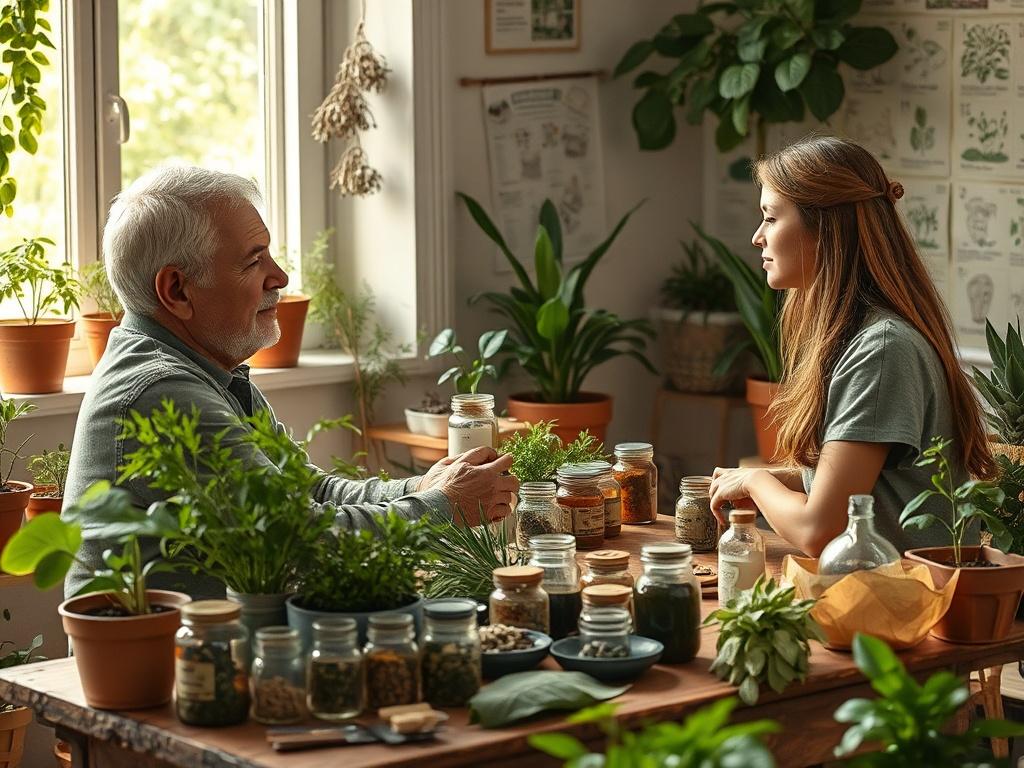 **AI Image Generation Prompt:**

Create a realistic, high-resolution photograph focused on a single, warm, inviting scene featuring a knowledgeable, friendly herbalist engaged in a one-on-one consultation with a client. The herbalist, a middle-aged individual with a calm demeanor and a gentle smile, is seated at a rustic wooden table filled with various herbs, plants, and herbal remedies displayed in neatly organized jars. The client, a curious young woman, is listening intently, showing a spark of intrigue