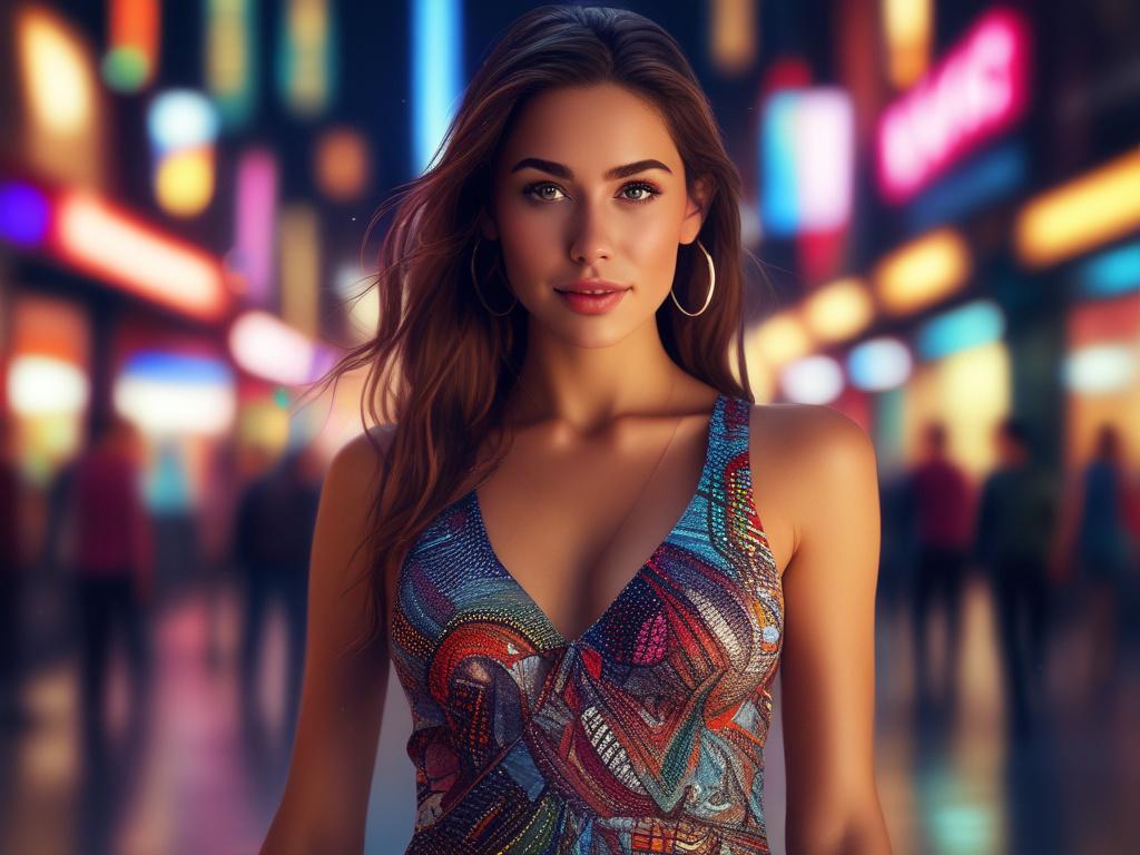 A beautiful young woman in a stylish dress, standing confidently