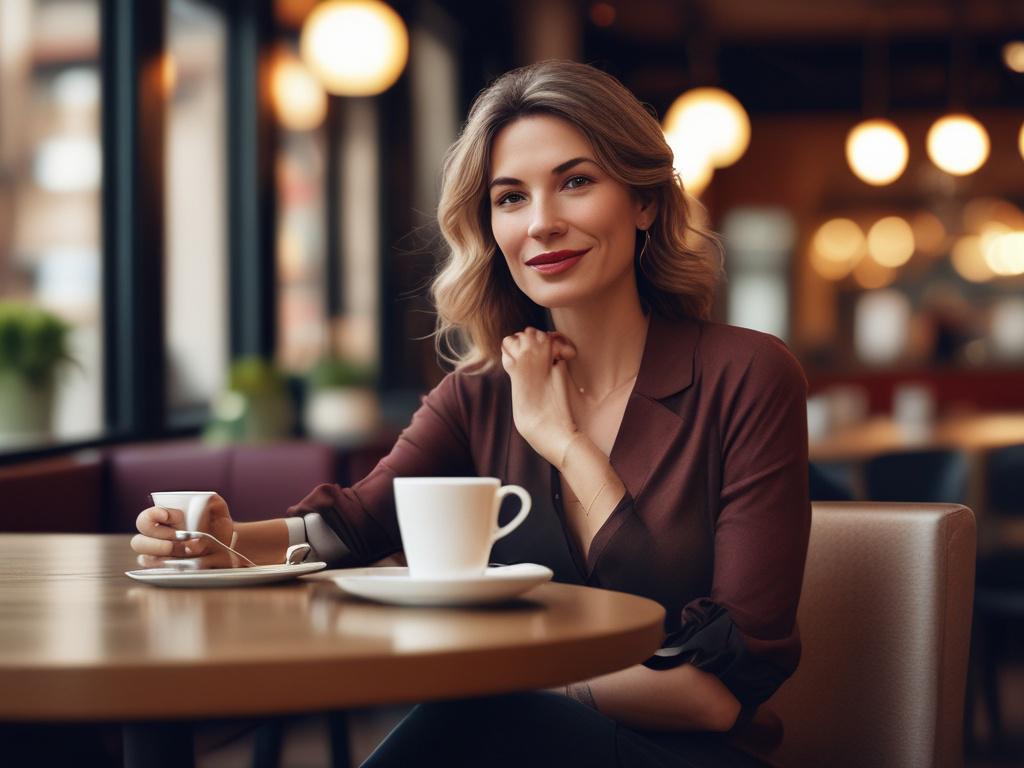 A refined mature woman sitting elegantly at a stylish cafe