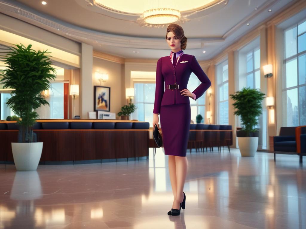 A glamorous air hostess in a chic uniform, standing in