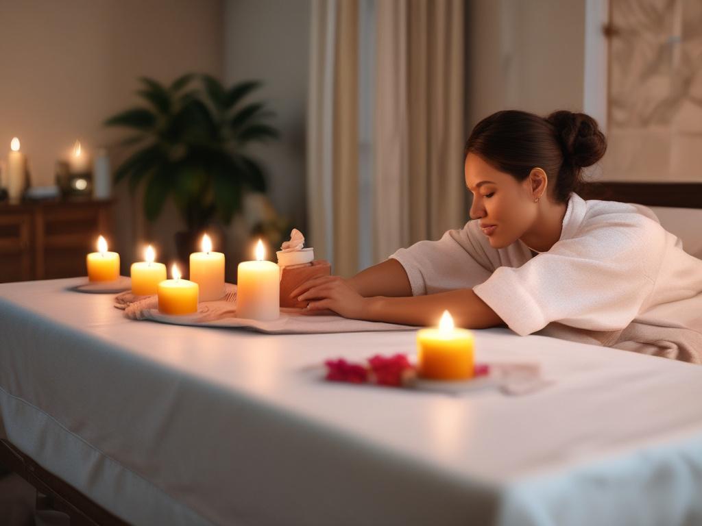 A serene scene featuring a beautiful massage therapist preparing a
