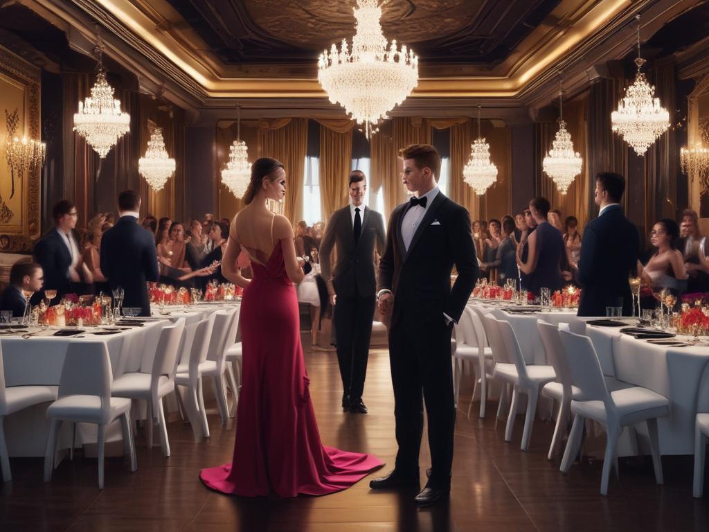 A stylish escort standing confidently at a lavish party, wearing