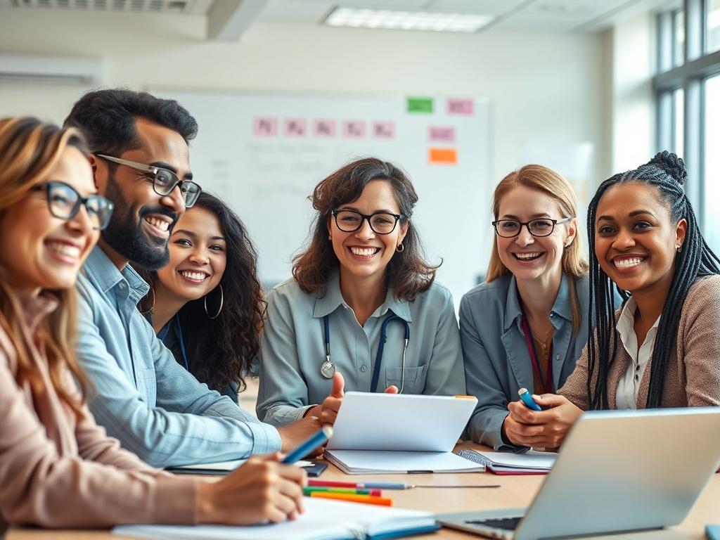 A close up shot of a diverse group of teachers