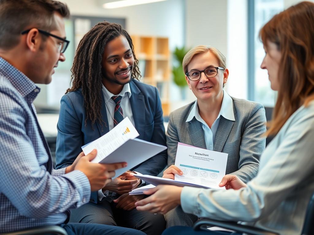 A close up of a recruitment consultant discussing strategies with