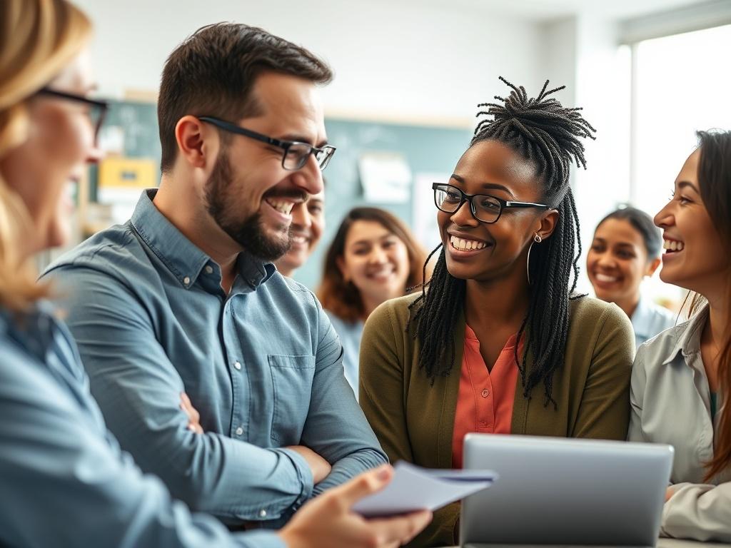 A close up shot of a diverse group of teachers