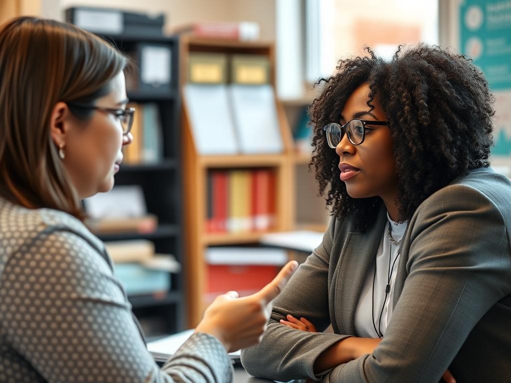 A close up of a teacher practicing interview techniques with