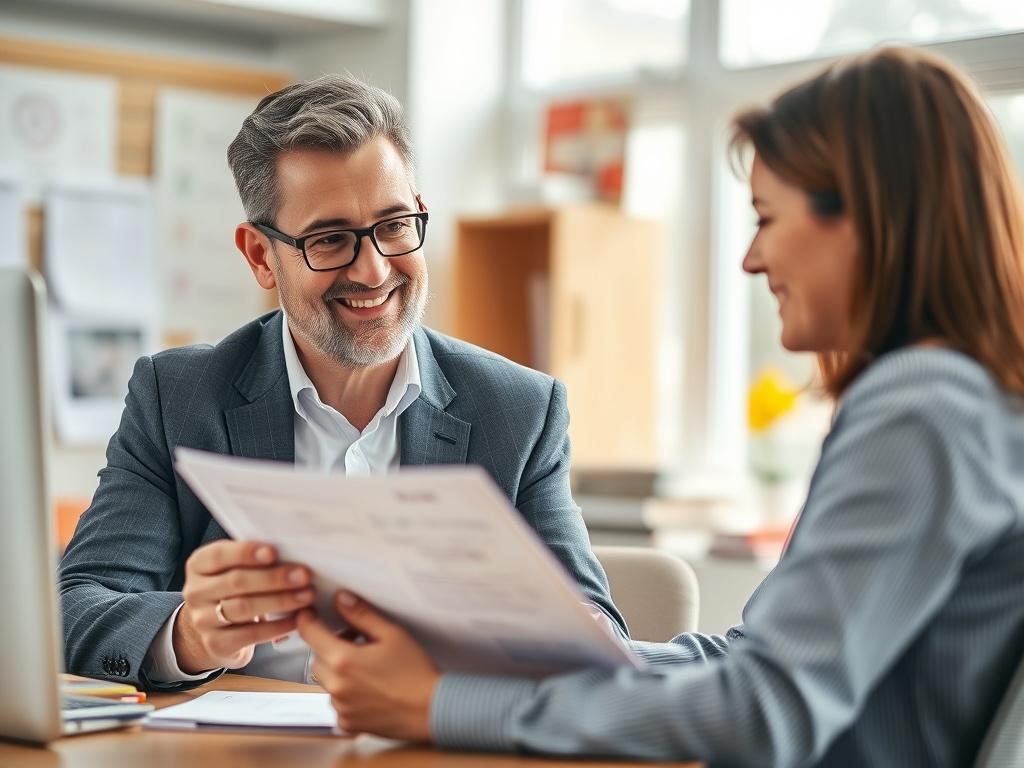 A high-resolution close-up shot of a confident and professional education recruiter engaging with a teacher candidate in an office setting. The recruiter, a middle-aged individual with a friendly demeanor, is reviewing a CV while sitting at a desk. The background features educational materials and a warm, inviting ambiance, with soft natural light pouring in through a window. The image should be vibrant, emphasizing the recruiter’s engaging expression and the professional environment.