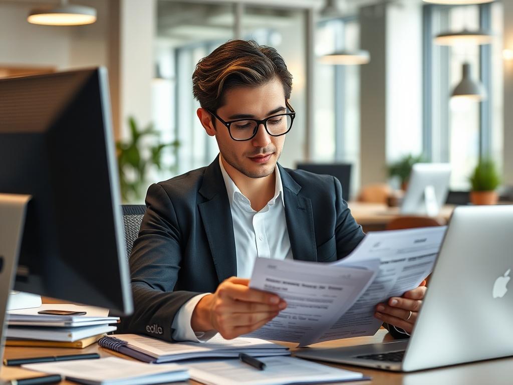A close-up shot of a recruitment consultant reviewing resumes and profiles in a modern office setting. The consultant appears focused and professional, surrounded by educational materials and technology. The background shows a clean and organized workspace that reflects the efficiency and attention to detail in the recruitment process. Shot with a 45mm f/1.2 lens.