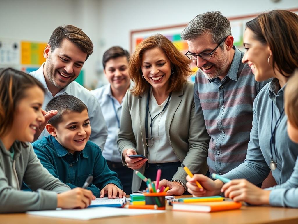A close-up shot of a diverse group of teachers engaged in a collaborative and energetic classroom environment. The image captures their enthusiasm and professionalism as they interact with students, surrounded by colorful educational tools and materials. The lighting is bright and inviting, showcasing a positive learning atmosphere that reflects the high standards of teacher placement. Shot with a 45mm f/1.2 lens.