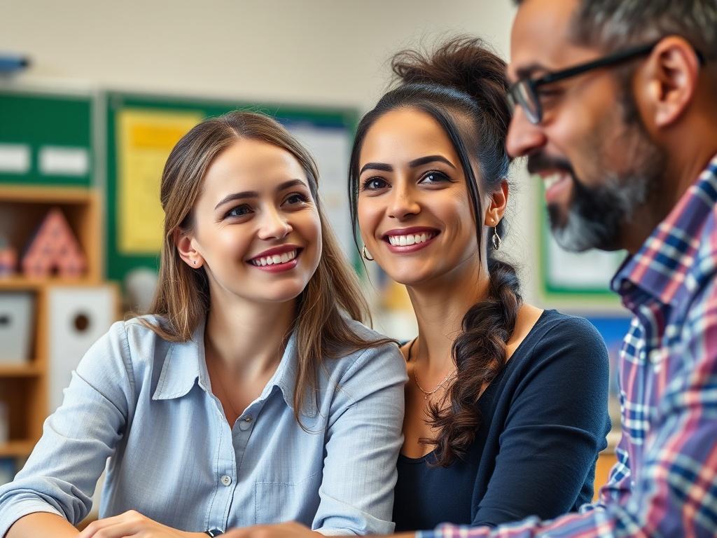 A close-up shot of a smiling teacher receiving guidance from a mentor in a classroom setting. The image conveys a sense of collaboration and support, with educational tools and materials visible in the background. The mentor's expression is encouraging, reflecting a nurturing educational environment. Shot with a 45mm f/1.2 lens.