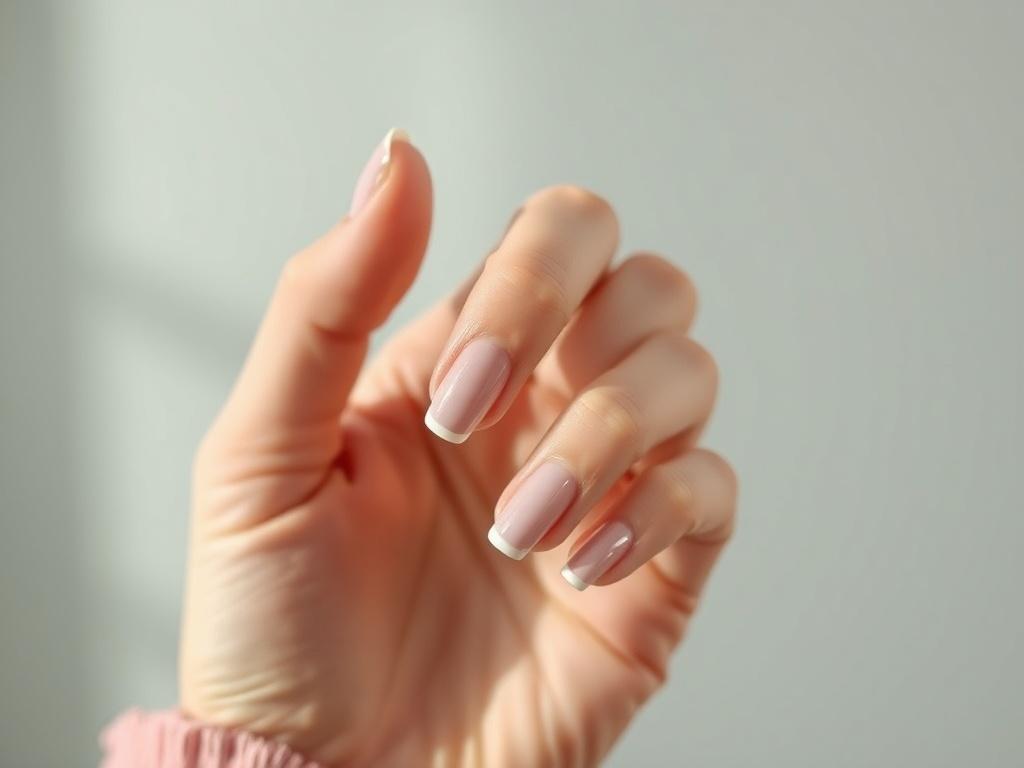 A detailed close-up of a hand showcasing nails treated with V Beauty Pure products. The nails should appear healthy and well-groomed, featuring a natural shine and subtle design. The background should be minimalistic and soft, drawing attention to the nail's beauty. Capture the image in hyper-realistic detail, simulating the effect of a 45mm f/1.2 lens.