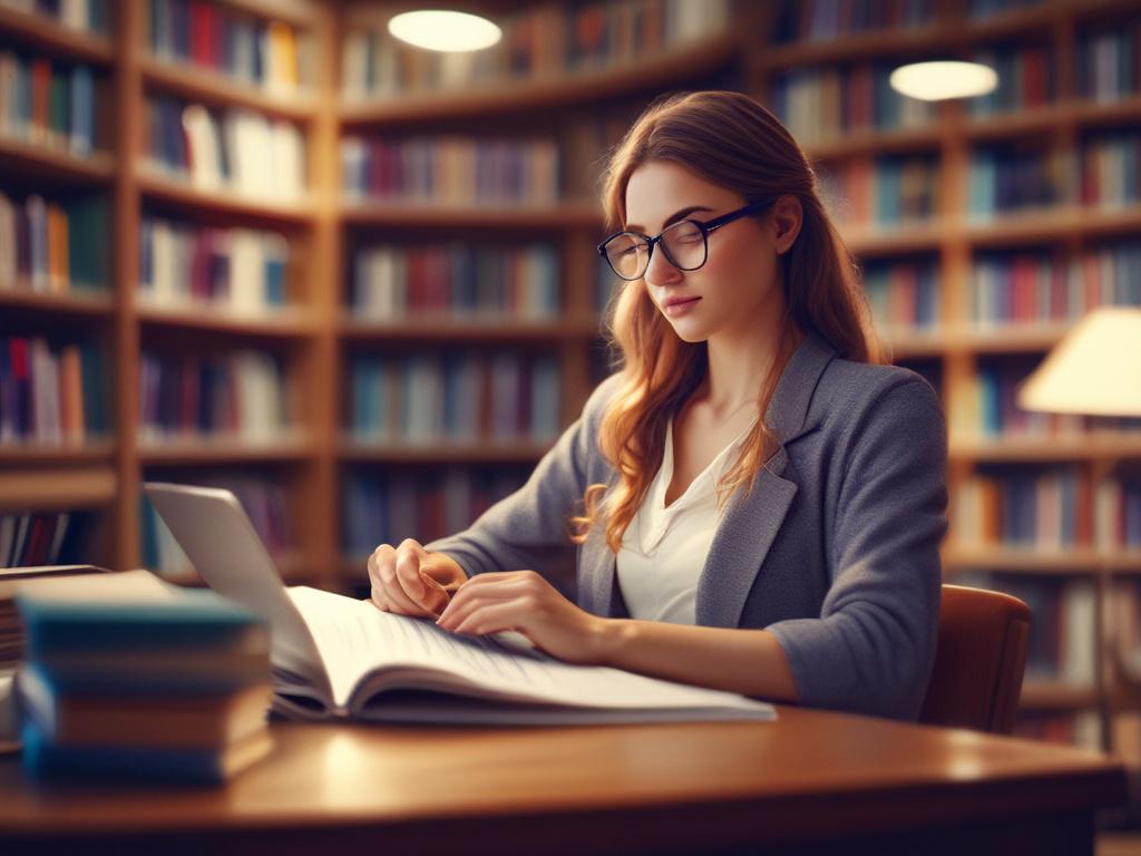 A high-resolution image of a focused student studying in a serene library setting. The student is surrounded by books, with a laptop open in front of them. The soft lighting creates a calm atmosphere, conducive to learning. The background includes bookshelves filled with educational materials, emphasizing a commitment to academic excellence.