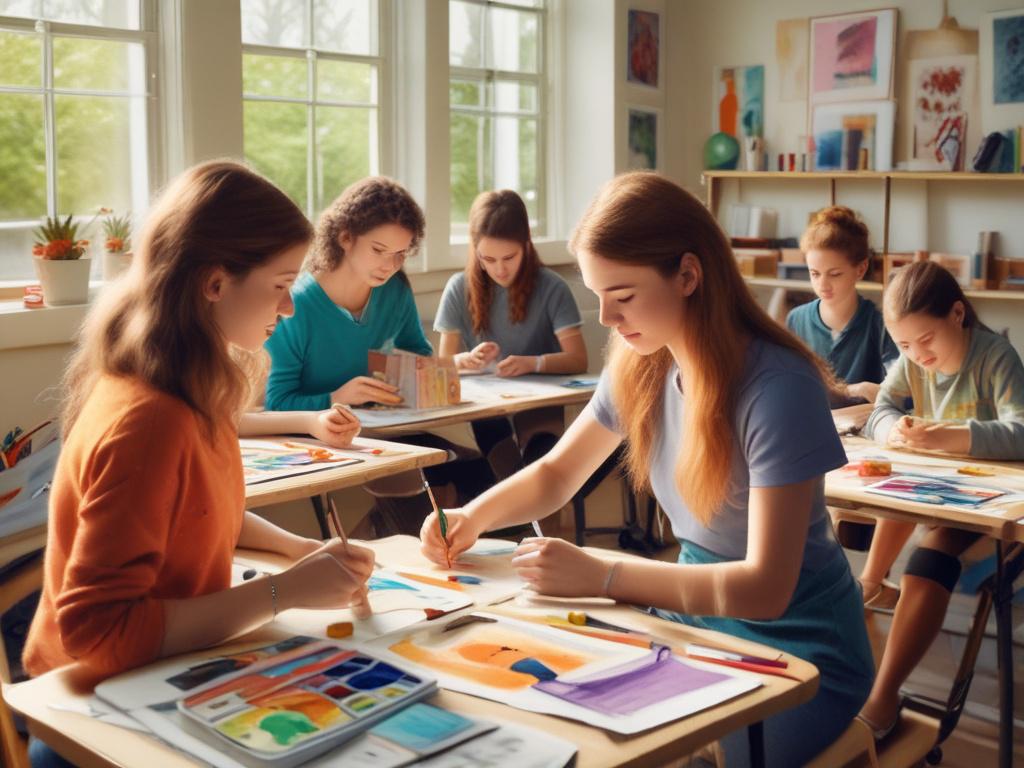 A vibrant high-resolution image showcasing students engaged in various enrichment activities. The scene features students in an art class, painting and collaborating on a project, with colorful art supplies scattered around. The classroom is filled with natural light, creating a warm and inspiring environment. The expressions of the students reflect joy and creativity, highlighting their enthusiasm for learning.