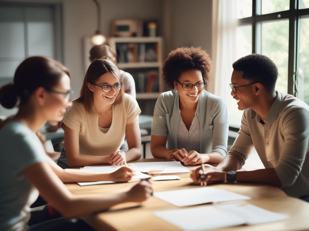 A realistic high-resolution image of a diverse group of teachers actively engaging in a training workshop. The setting is a bright, modern classroom with soft tones and gentle lighting. The teachers are participating in a discussion, showcasing enthusiasm and collaboration, with educational materials around them. The overall atmosphere is peaceful and inviting, reflecting a commitment to professional development.