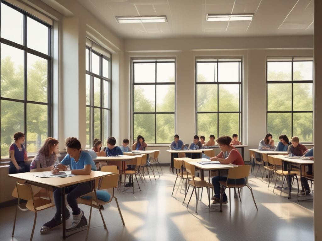 A serene classroom setting with soft, natural lighting filtering through