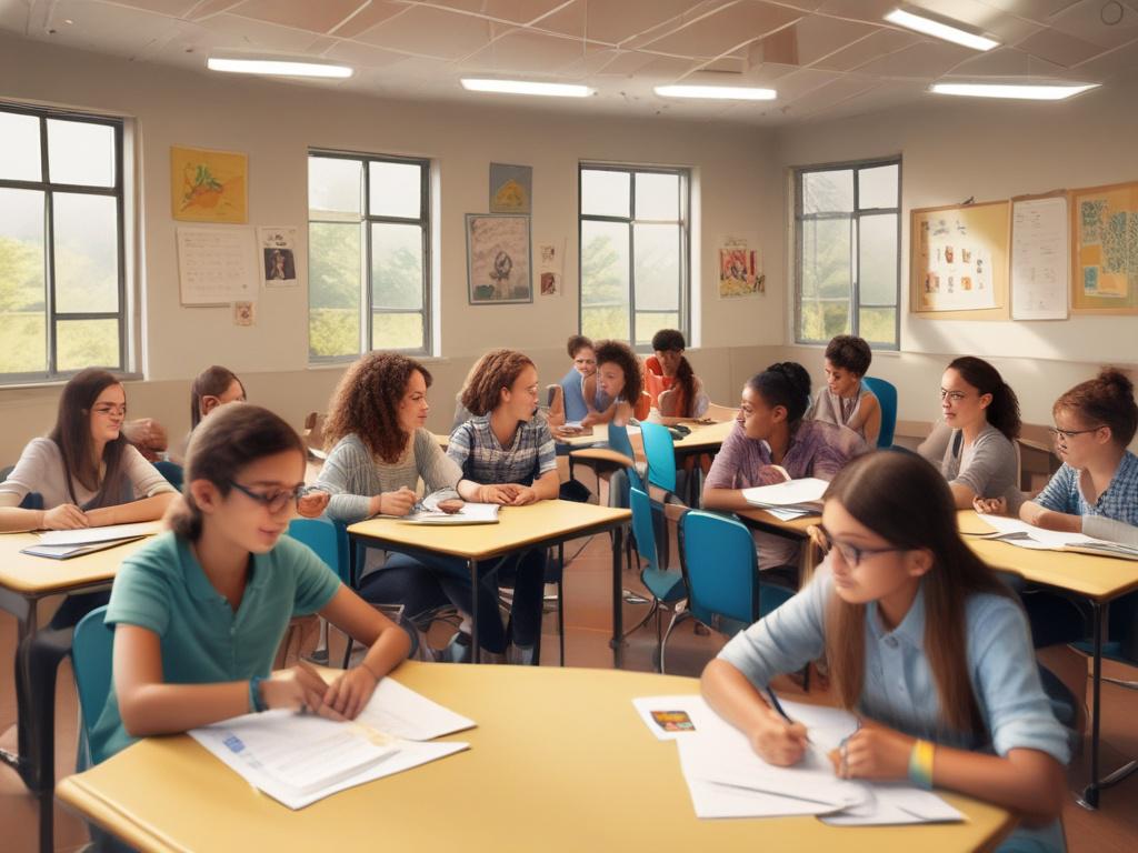 A vibrant classroom filled with engaged students participating in a