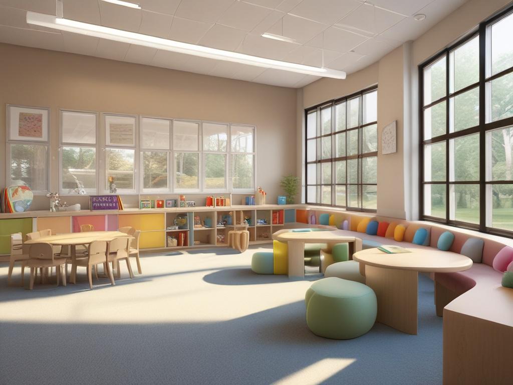 A serene classroom environment designed for early childhood education, featuring colorful learning materials, a cozy reading corner, and soft natural light streaming through large windows. The focus is on a well-organized space that invites exploration and creativity, with a gentle atmosphere that promotes learning.