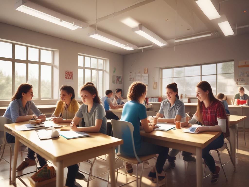 A vibrant classroom scene with students actively engaged in group discussions and hands-on activities. The atmosphere is filled with energy and collaboration, featuring diverse learning materials and an encouraging teacher guiding the students. Natural light enhances the inviting space.