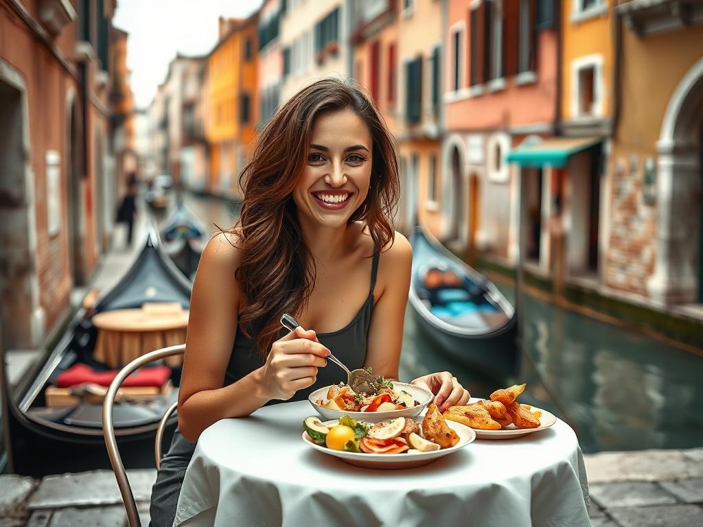 A woman enjoying a delicious Italian dish in a charming Venice street. She sits at a small, round table adorned with a simple white tablecloth, surrounded by picturesque canals and historic architecture. The scene captures her joyful expression as she savors the food, with vibrant colors reflecting the essence of Italian cuisine. Background features gondolas gliding in the water and colorful buildings, creating a warm and inviting atmosphere.
