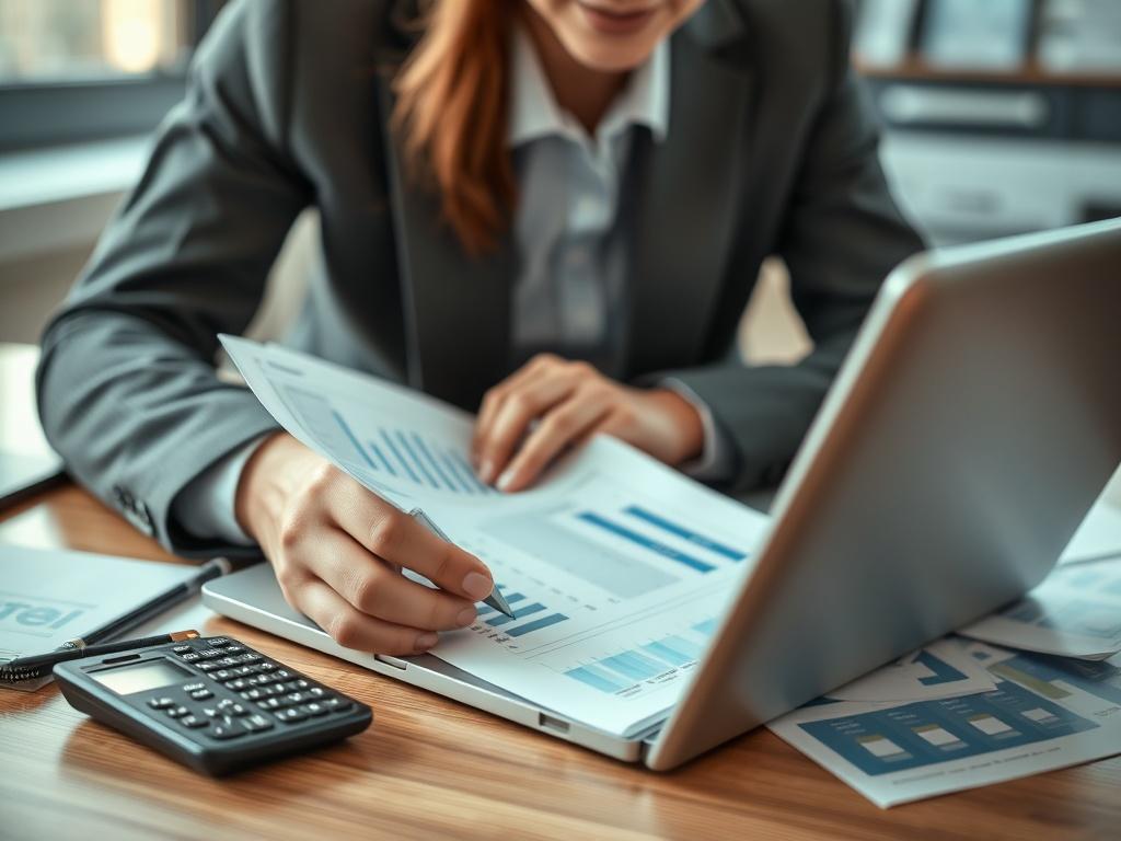 A close-up shot of a business professional reviewing a travel budget on a laptop, surrounded by travel-related documents and a calculator. The setting is an office space with natural light filtering in, creating a productive and focused atmosphere.
