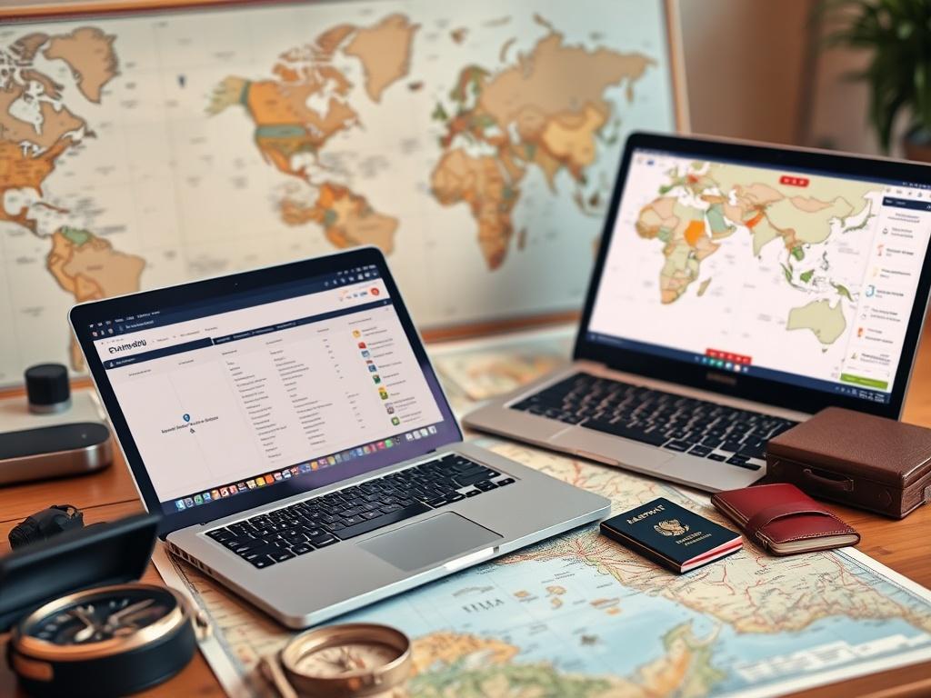 A close-up shot of a travel planner's desk with a world map, a laptop open displaying travel itineraries, and travel accessories like a compass and passport. The background is softly blurred to keep the focus on the planning materials, with warm, inviting lighting. The overall tone should evoke a sense of adventure and meticulous planning.