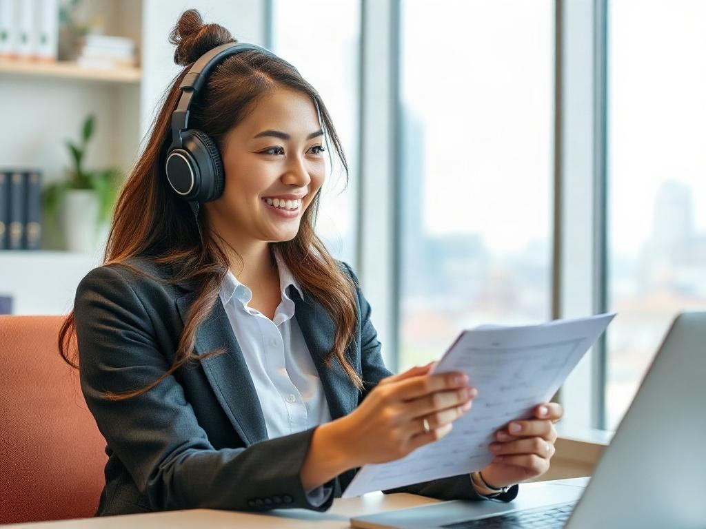 A travel consultant providing guidance over the phone to a client, with a travel checklist in hand and a friendly smile, illustrating a supportive and reassuring environment.