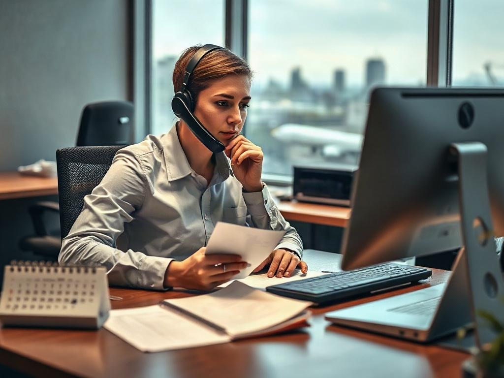 A travel agent finalizing bookings on the phone, with a calendar and travel documents on the desk, conveying a sense of efficiency and attention to detail.