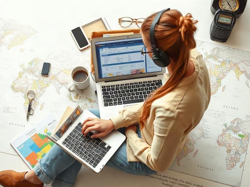 A travel planner working on a laptop, surrounded by travel guides and maps, with a focus on a detailed itinerary on the screen, showcasing professionalism and creativity.