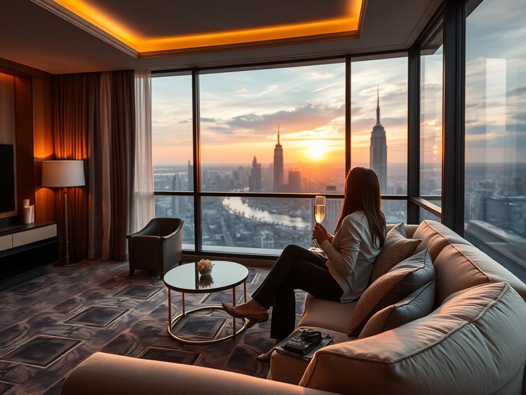 A realistic high-resolution photo of a luxurious hotel suite with stunning views of the city skyline. The suite is elegantly decorated, showcasing plush furnishings and warm lighting. A couple is seen enjoying a glass of champagne on the terrace, with the sunset in the background. The composition focuses on the opulence of the suite, creating an inviting and aspirational atmosphere.