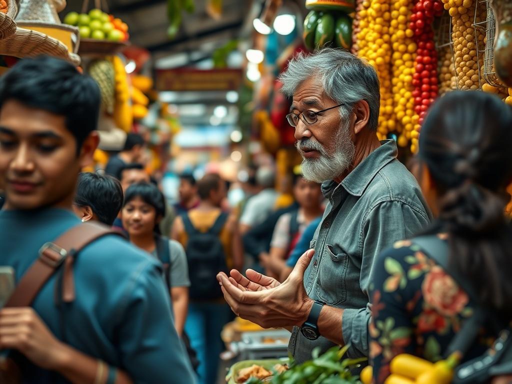 A realistic high-resolution photo of a local guide sharing insights with travelers in a bustling market. The vibrant colors of fruits and spices fill the scene, with people engaging and enjoying local delicacies. The composition captures the excitement and authenticity of the local culture, showcasing the guide as a central figure, making the experience lively and engaging.