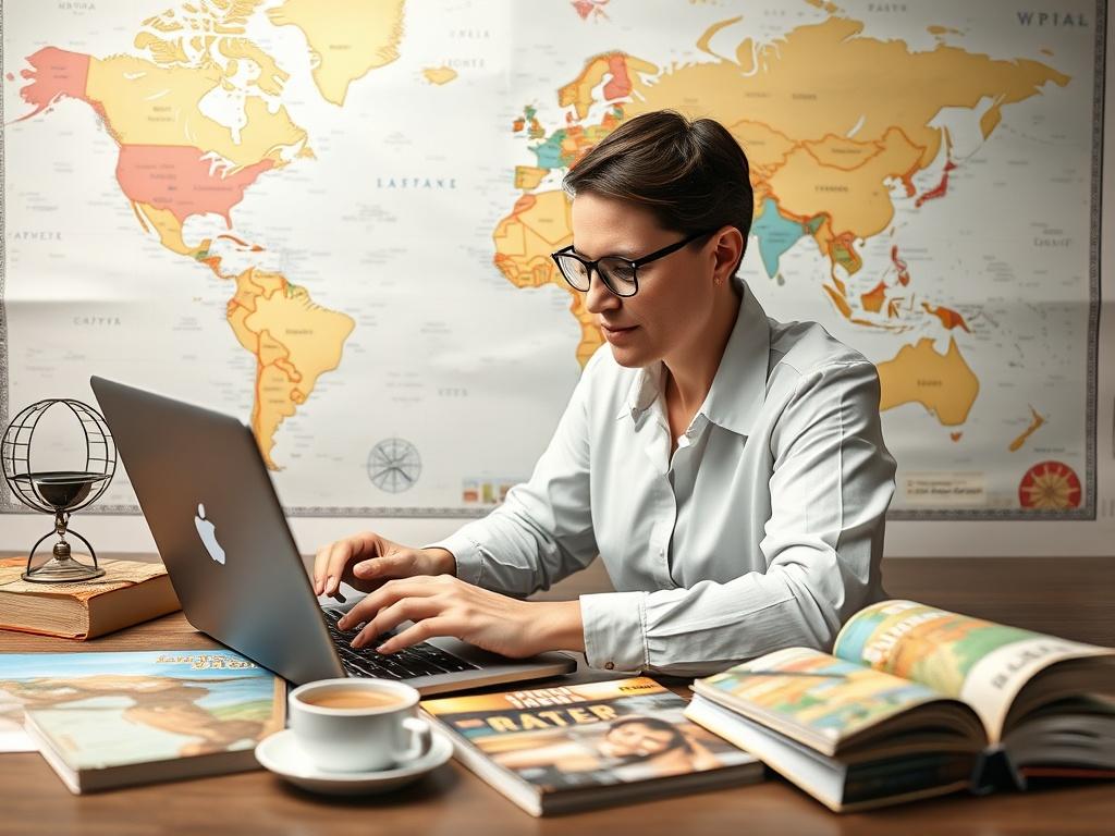 A realistic high-resolution photo of a travel consultant working on a laptop with a beautiful world map in the background. The consultant is engaged in planning a personalized itinerary, surrounded by travel guides and a cup of coffee. The composition is clear and simple, showcasing the consultant as the main subject, with the vibrant colors of the map and travel materials creating an inspiring atmosphere.