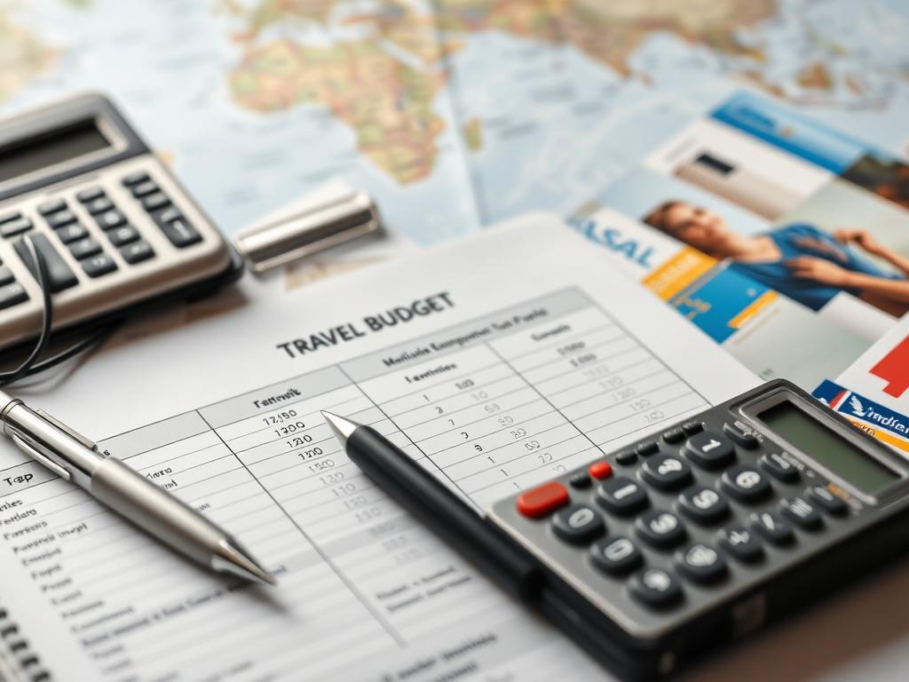 A close-up image of a travel budget worksheet with a calculator, pen, and travel brochures on a desk. The focus should be on the budgeting process, capturing the essence of careful planning and financial awareness. The background can include a soft-focus map, symbolizing the connection between budgeting and travel adventures.