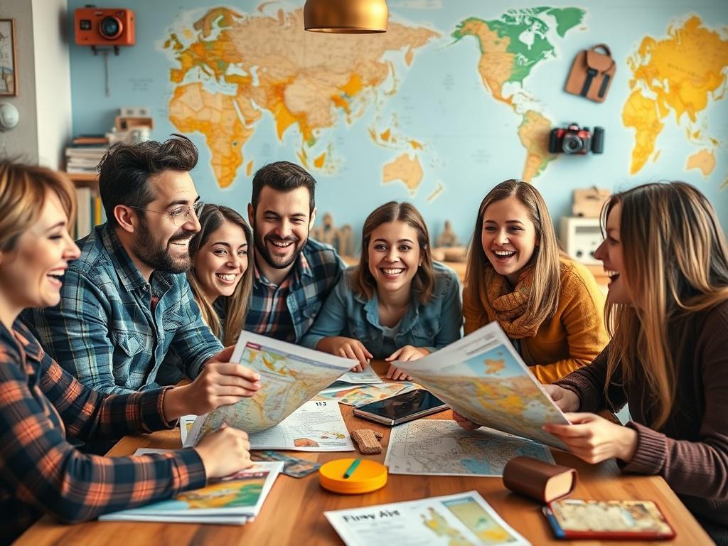 A vibrant image of a group of friends joyfully discussing their travel plans around a table, with maps and travel guides spread out. The focus should be on their enthusiastic expressions, showcasing the excitement of group travel planning. The background includes travel-themed decorations, enhancing the sense of adventure and camaraderie.